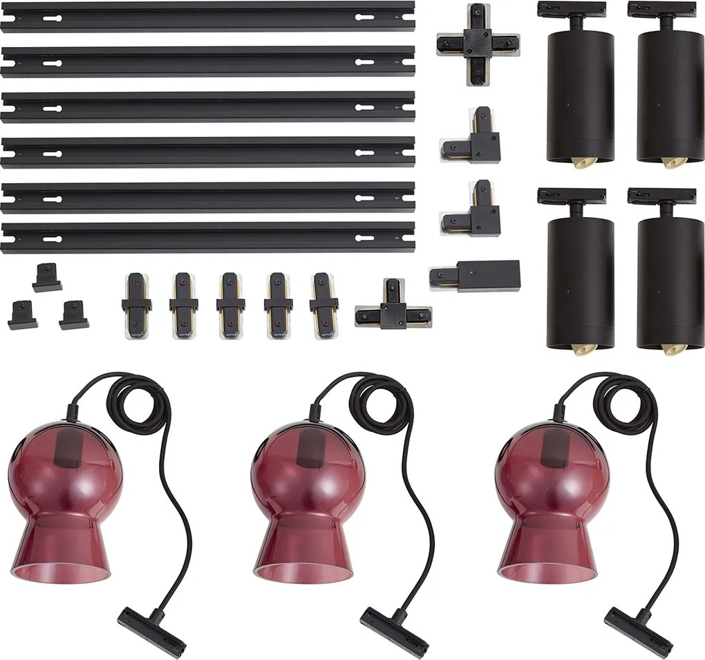 Modern fekete sínrendszer 4 spotlámpával és 3 lila függőlámpával 1 fázisú - Iconic Bell Jeana Luxe