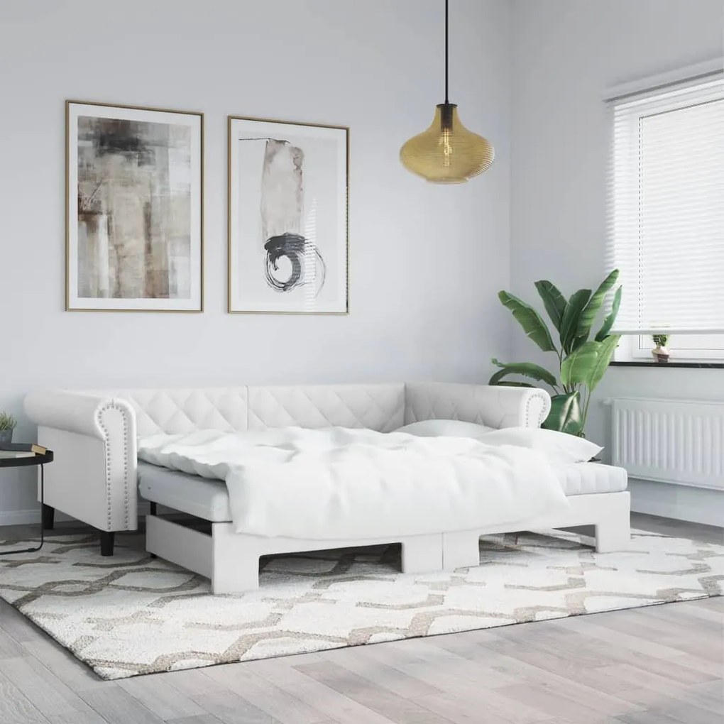 fehér kihúzható műbőr heverő matraccal 90 x 200 cm