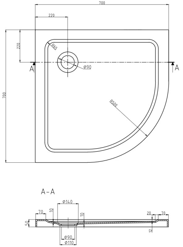 Mexen SLIM - Negyedkör alakú zuhanytálca 70x70x5cm + fekete szifon, fekete, 41707070B