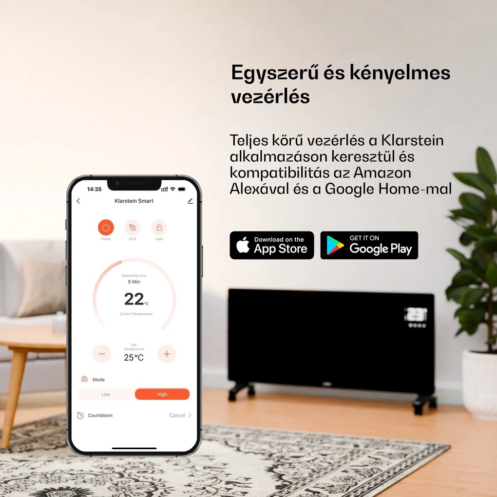 Klarstein Bornholm Smart 1500, konvektoros fűtőtest, 1500 W, WiFi, LED, IP24