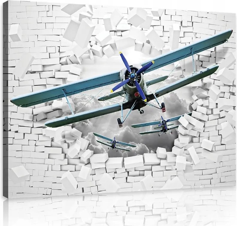 Vászonkép 80x60 Repülés a szabadság felé Loft illúziója biplanokkal a téglafalon