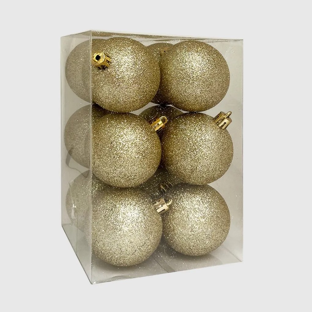 Arany glitteres műanyag karácsonyi gömb szett 12 × 6 cm 12 db