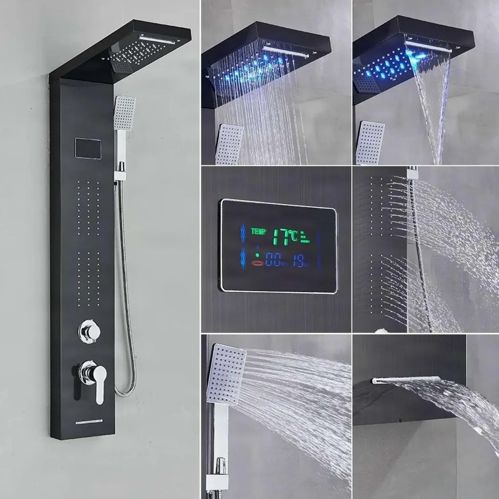 Zuhanyrendszer EYN BSP1912 LED-világítással, vízeséskifolyóval és masszázsfúvókákkal, többféle, például matt fekete és szálcsiszolt ezüst kivitelben…