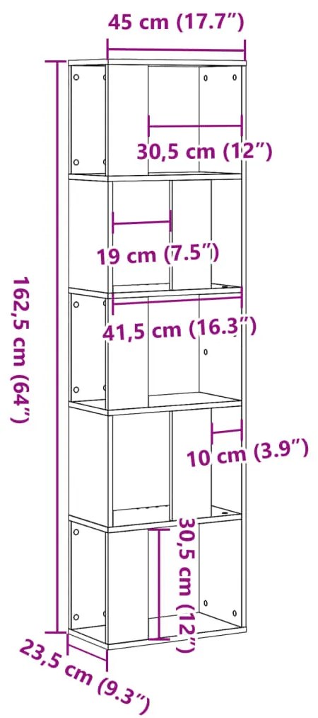 5 szintes antik fa színű fa könyvespolc 45 x 23,5 x 162,5 cm