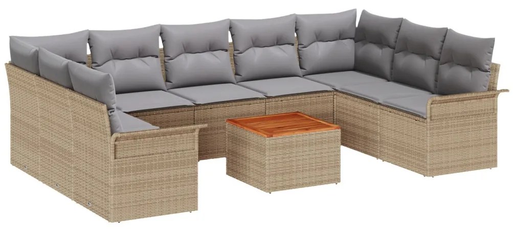 10 Részes Kert Sofa Szett Párnákkal Bézs Poli Rattan Akác