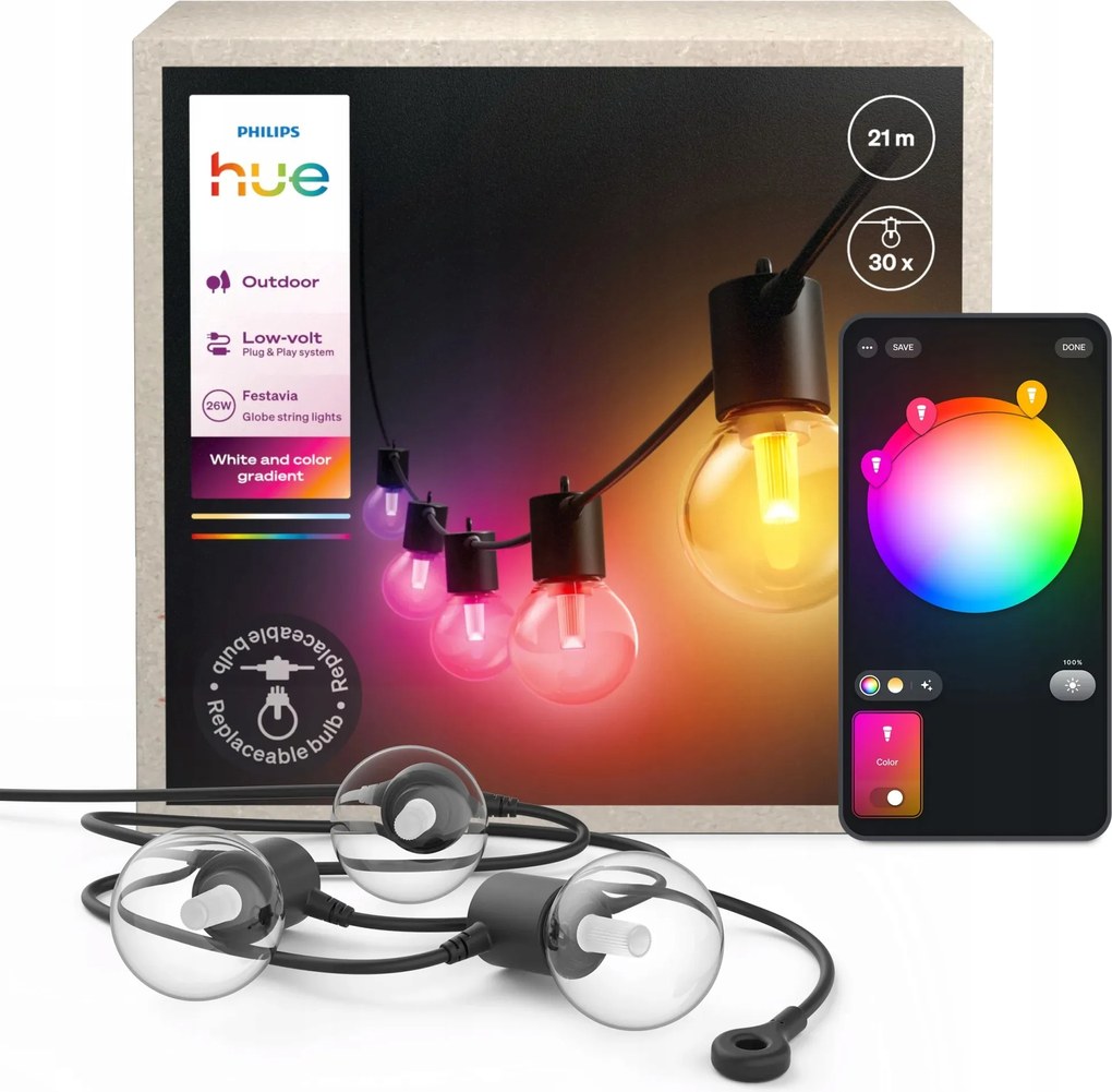 Kültéri kerti girland 21m IP65 30LED Rgb Smart Festavia Philips Hue