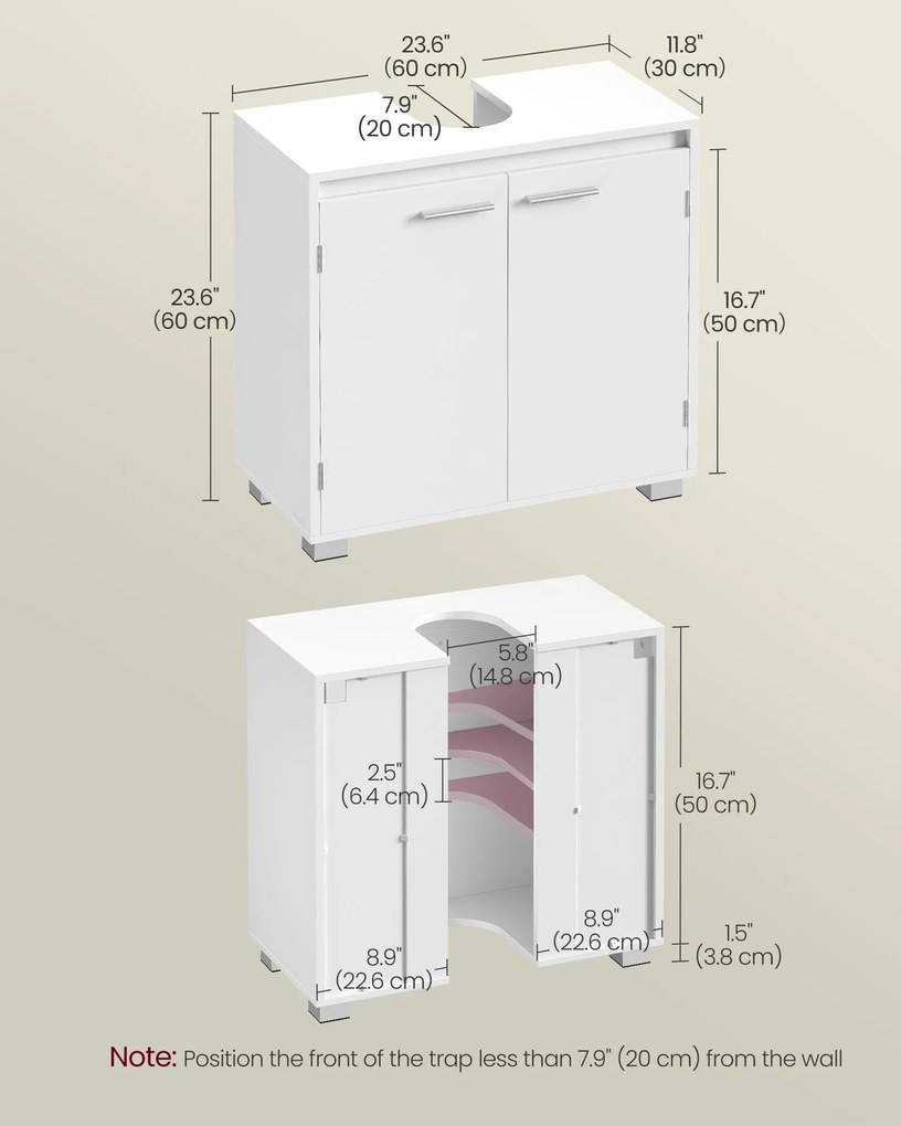 Mosogató alatti fürdőszobai szekrény, 2 rekeszes, felhőfehér