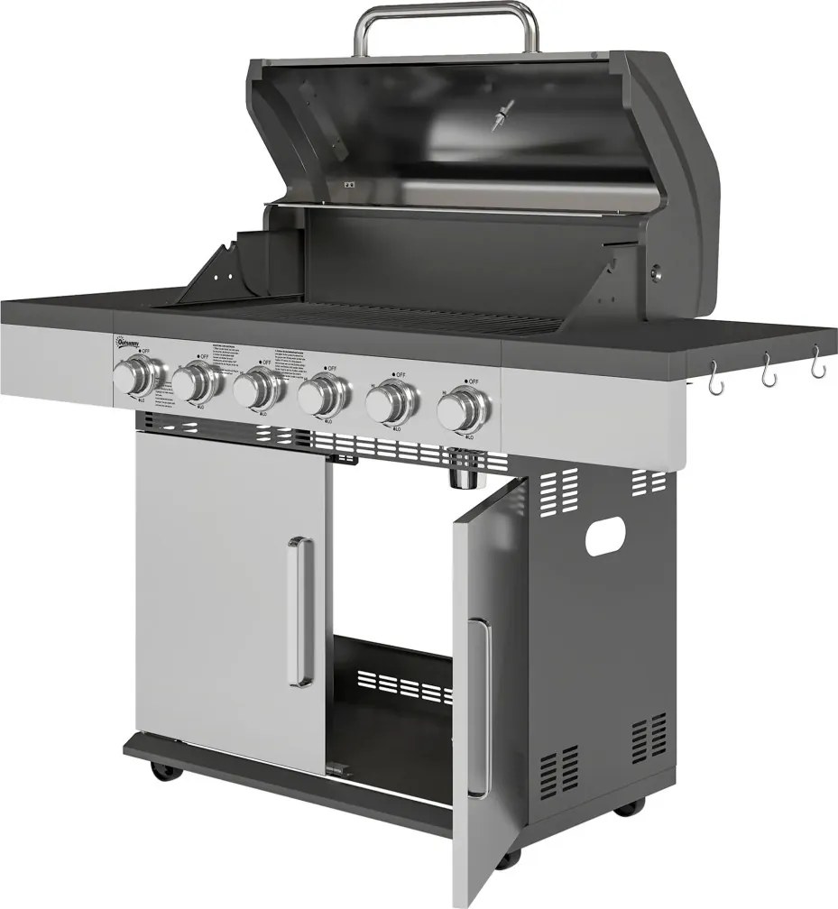 Outsunny Gázgrill 8500BTU, grillkocsi 6 rozsdamentes acél égővel, hőmérővel, nyomásszabályozóval, ezüst