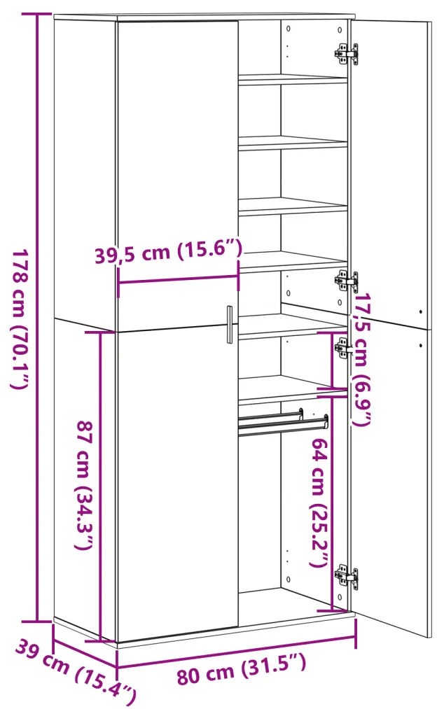 Highboard Kézműves Tölgy 80x39x178 cm Mérnöki Fa