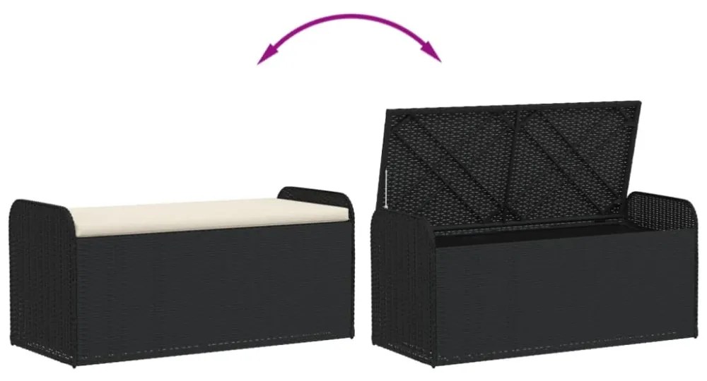 fekete polyrattan tárolópad párnával 115 x 51 x 52 cm