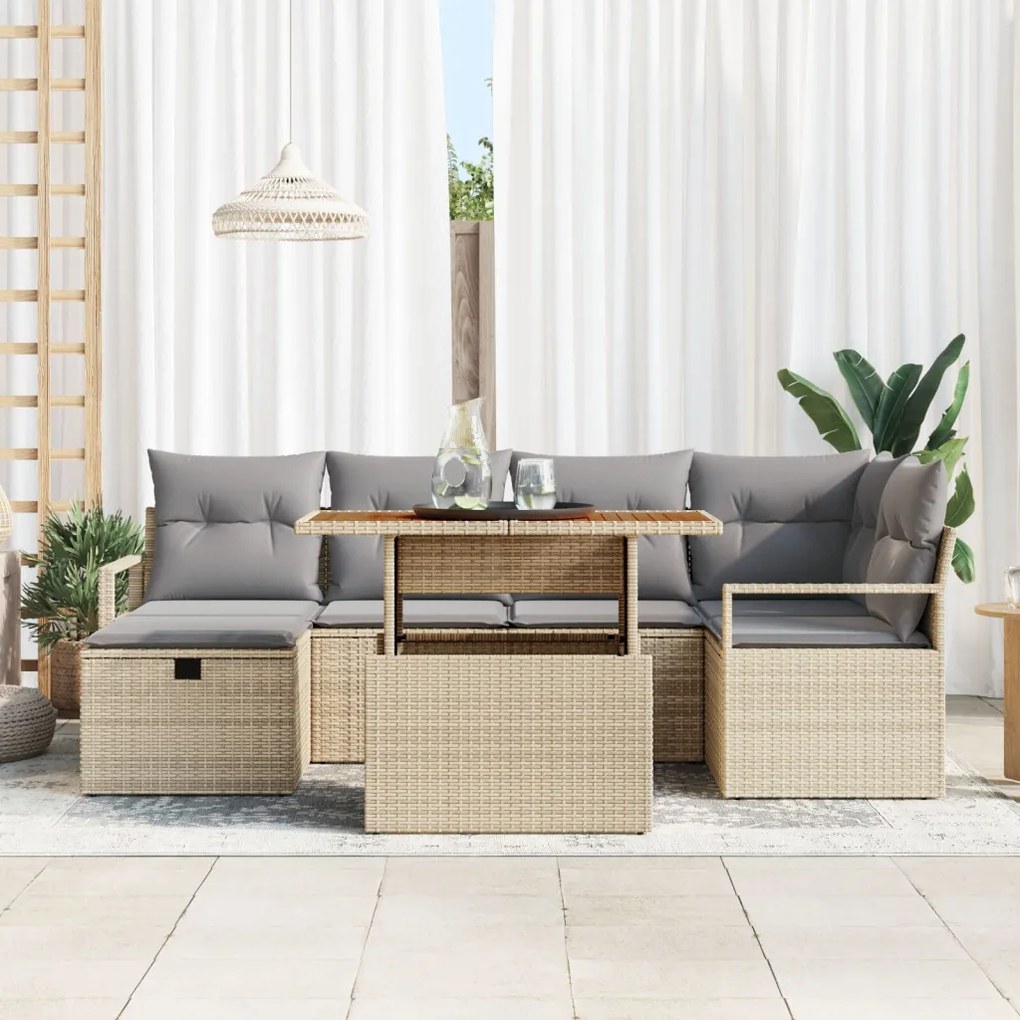 7 Darabos Kerti Sofa Készlet Párnákkal Bézs Poli Rattan, 2 Személyes Kerti Sofa Párnákkal Bézs Poli Rattan