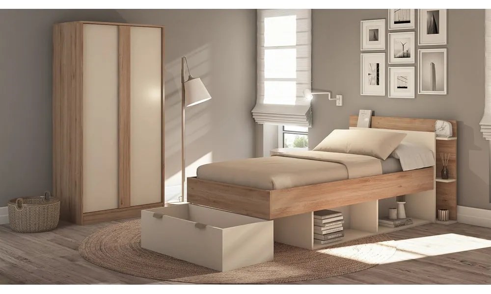 Fehér-natúr színű ágyneműtartós egyszemélyes ágy ágyrács nélkül, tölgyfa dekorral 90x200 cm Albo – Marckeric