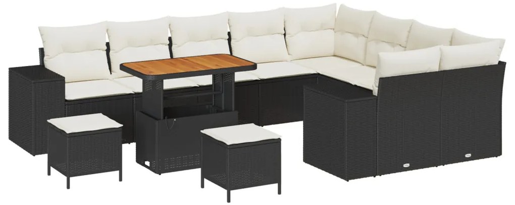 12 darabos kerti sofa készlet párnákkal fekete poly ratán akác, 3 darabos kerti étkező készlet párnákkal fekete poly ratán akác