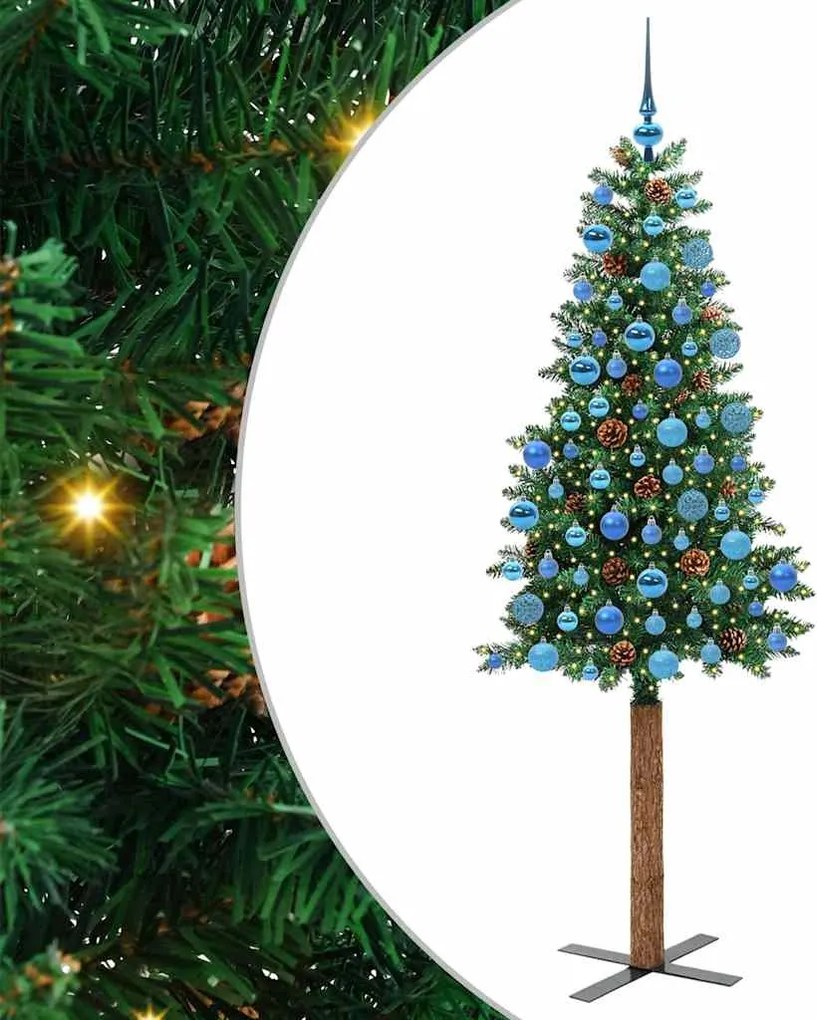 vidaXL Karcsú karácsonyfa 300 LED-del Zöld 180 cm PVC és tömör fenyőfa
