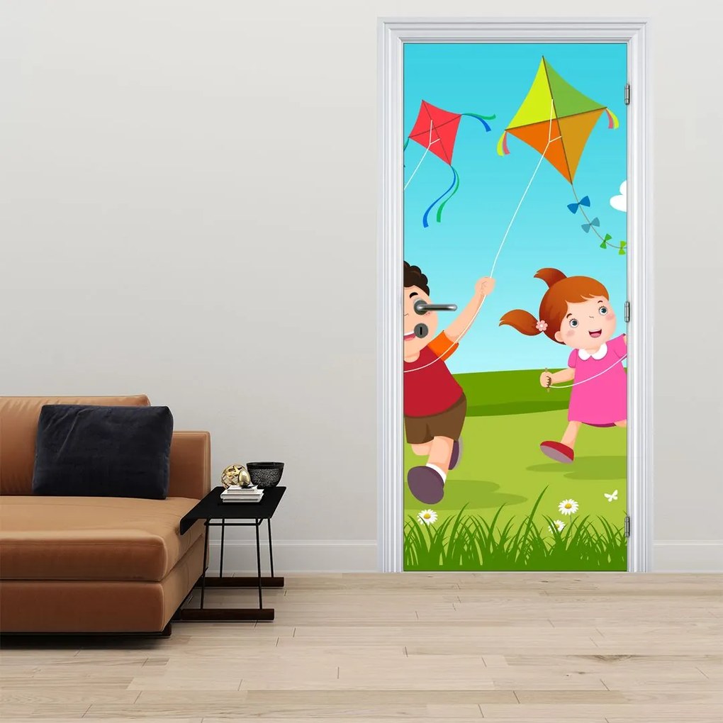 Fotótapéta ajtóra - Gyerekek sárkányt teregetve (95x205cm)