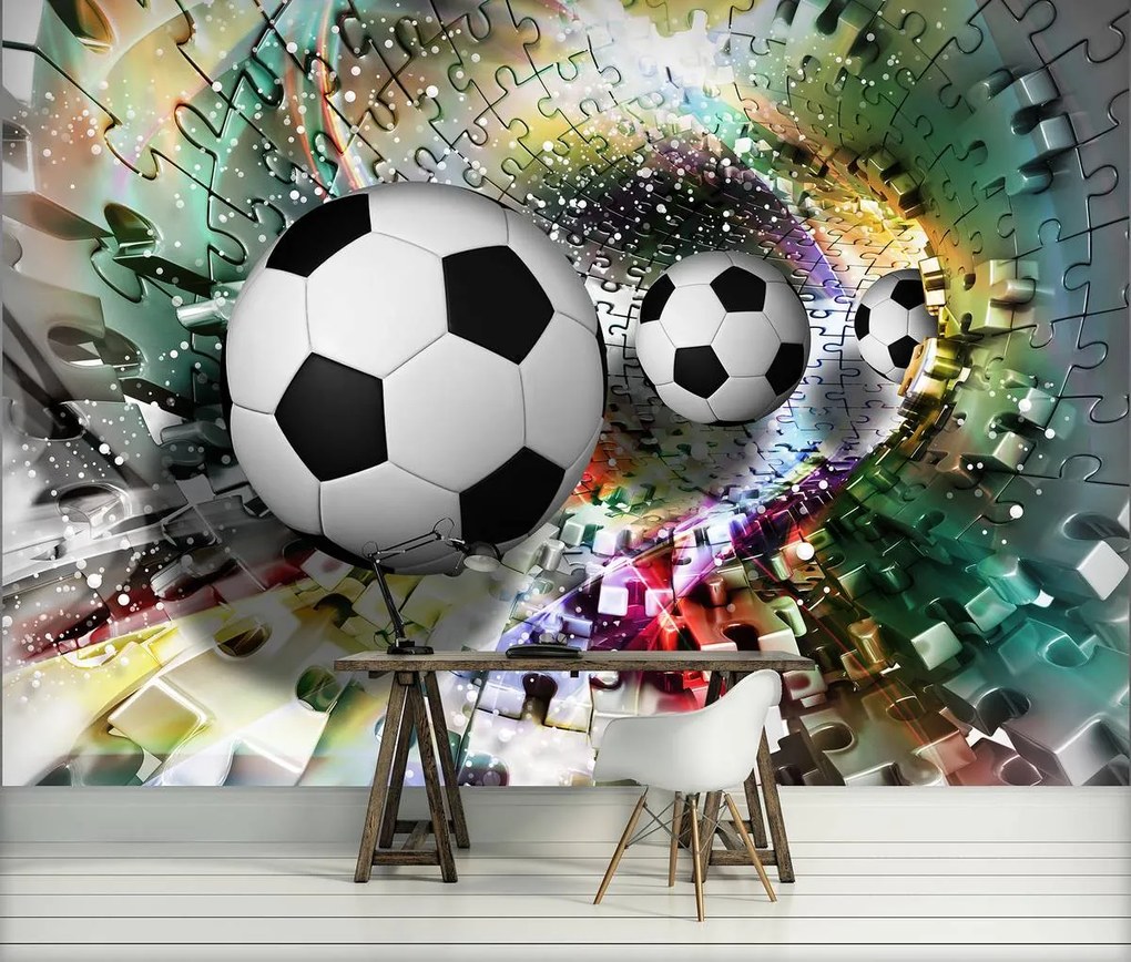 Fotótapéta - Futball-labdák egy 3D-s puzzle alagútban (152,5x104 cm)