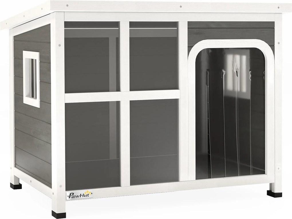 PawHut Kis és Közepes Kutya Ház Oldalsó Ablakokkal és Bejárati Függönnyel, Kültéri Kutya Kennel Levehető Alappal és Nyitható Tetővel, 90x62x71 cm, Vil