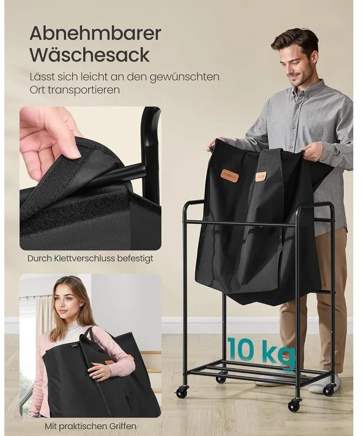 gurulós szennyestartó, 2 rekeszes ruhagyűjtő 140 l, fekete