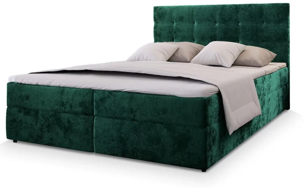 Kárpitozott boxspring ágy GLORIEN VELVET 140x200 cm sötétzöld Matrac: Bonell rugós matrac