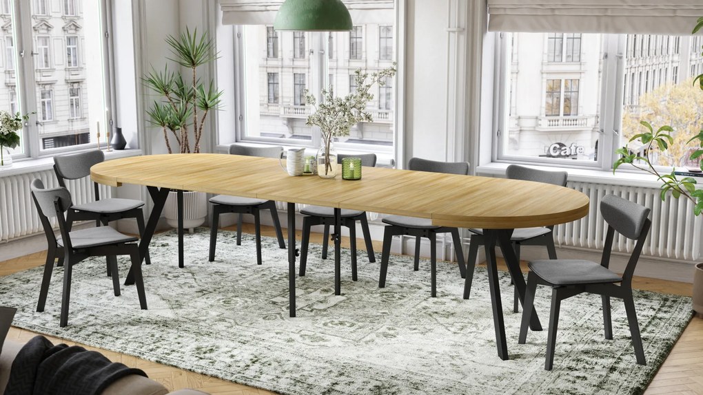 Mazzoni EXPANSO Amerikai Tölgy/fekete lábak - LOFT/IPARI STÍLUSÚ 310 cm-re BŐVÍTHETŐ NAGY KEREK ASZTAL Ø110 Y LÁBAKKAL