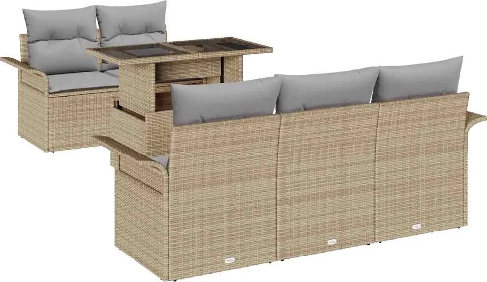 vidaXL Kerti Kanapé Szett párnával tárolóval 6 pcs Bézs Poly Rattan