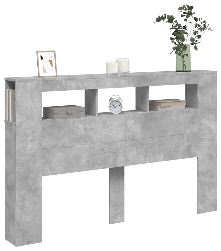 betonszürke szerelt fa LED-es fejtámla 160x18,5x103,5 cm
