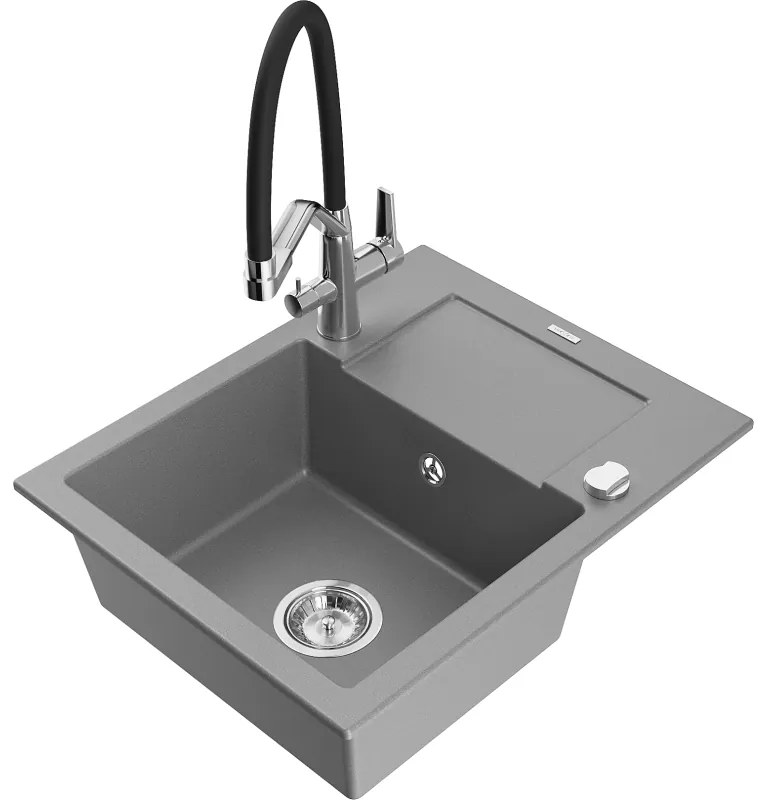 Mexen Enzo 1-medencés gránit mosogató csepegtetővel és Duo konyhai csapteleppel, szürke - 6506-71-671701-07