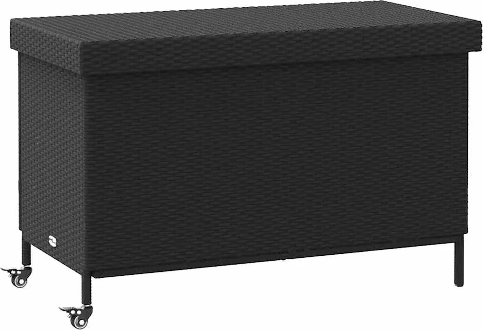 Fekete Polyrattan Kerti Tárolóláda Kerekekkel 110X55X73 Cm