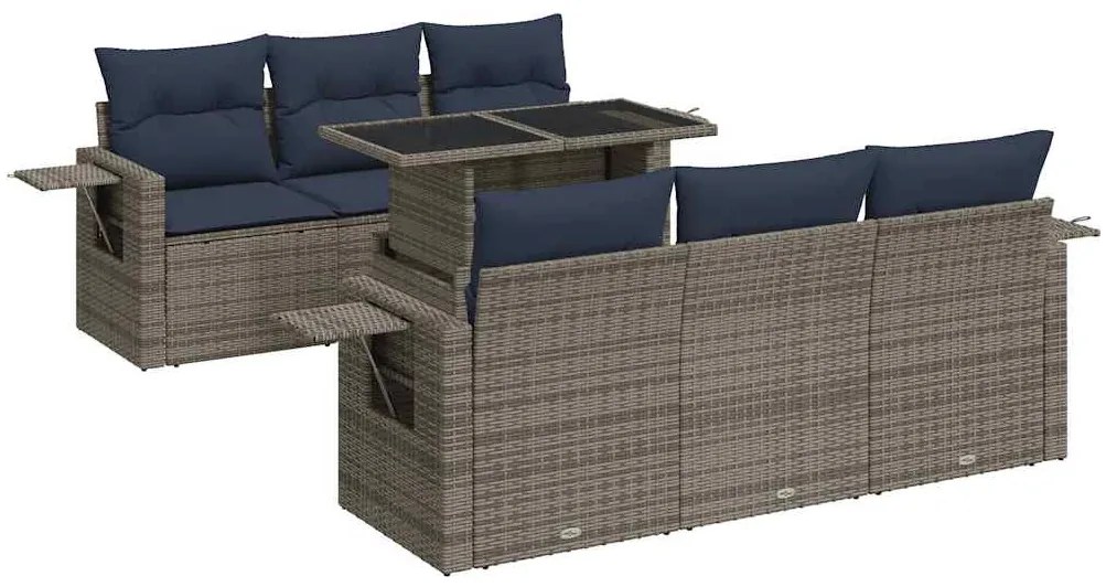 7 részes szürke polyrattan akácfa kerti ülőgarnitúra párnával
