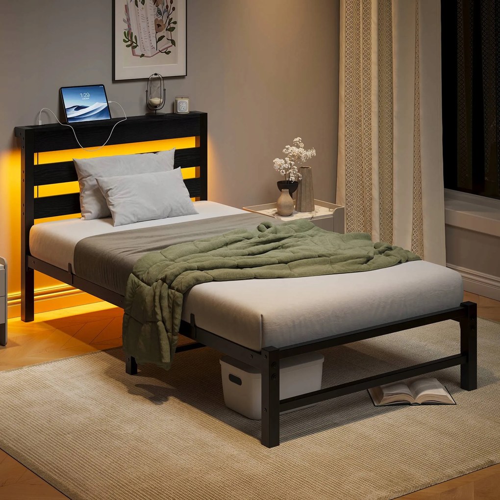 Egyszemélyes ágy Gyerekágy Fém ágy 90x200 Led Usb fekete