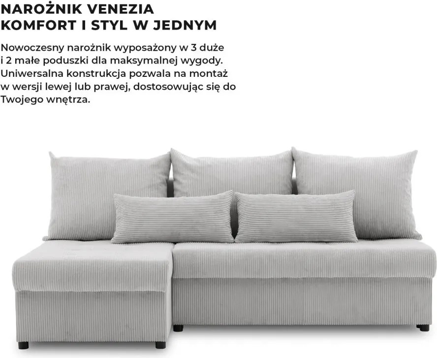 Venezia sarokkanapé, 3 ágyneműtartóval, kordbársony, univerzális oldal, hab töltet, szürke