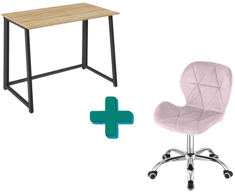 Dolgozószobai szett – összecsukható íróasztal ZARIMO 80×40 cm sonoma tölgy + irodai szék AVOLA VELVET rózsaszín