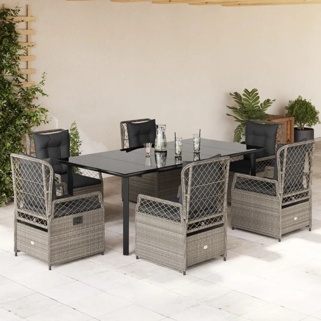 7 részes világosszürke polyrattan kerti étkezőszett párnával