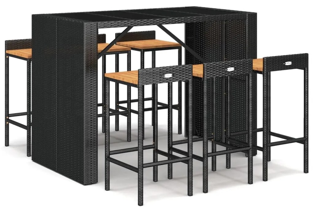 7 részes fekete polyrattan és tömör akácfa kerti bárszett