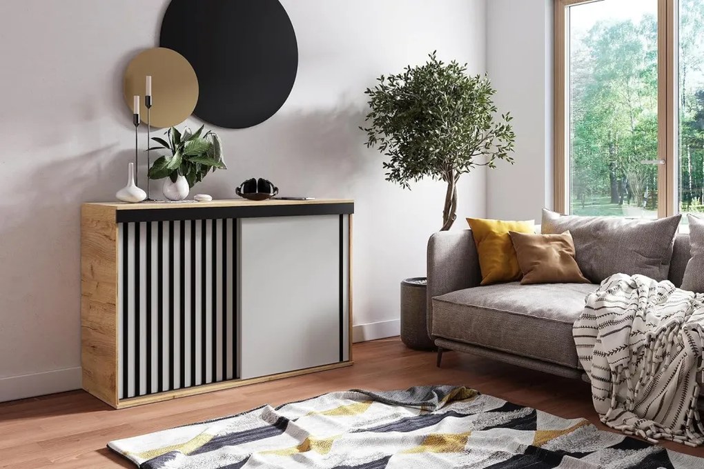 Malani 120 Tolóajtós Komód 120cm, Arany Tölgy-Fehér