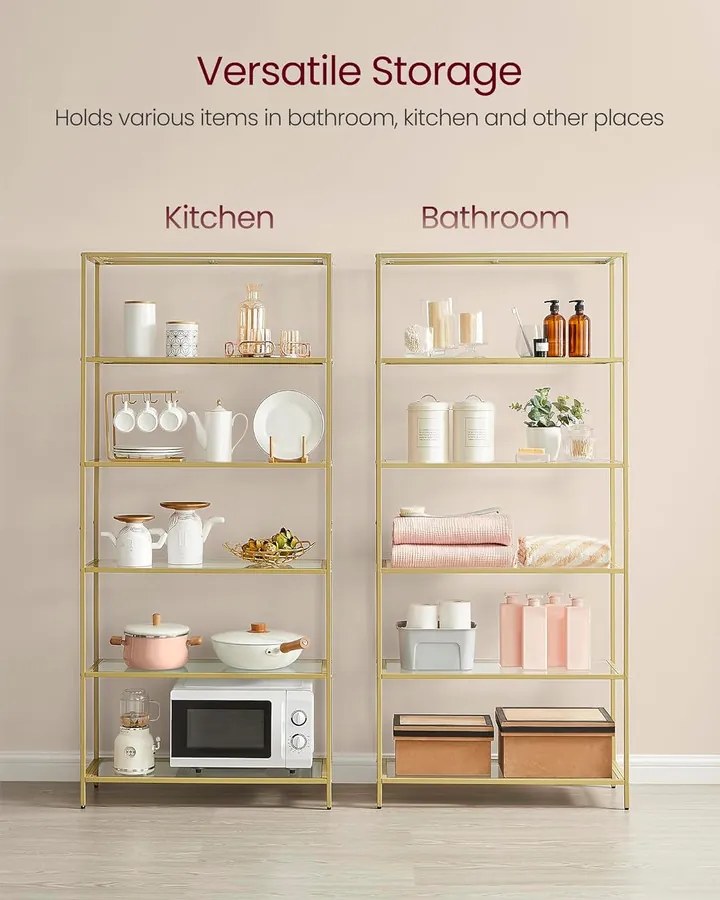 Könyvespolc, 6 szintes üvegpolc fém kerettel, arany színű