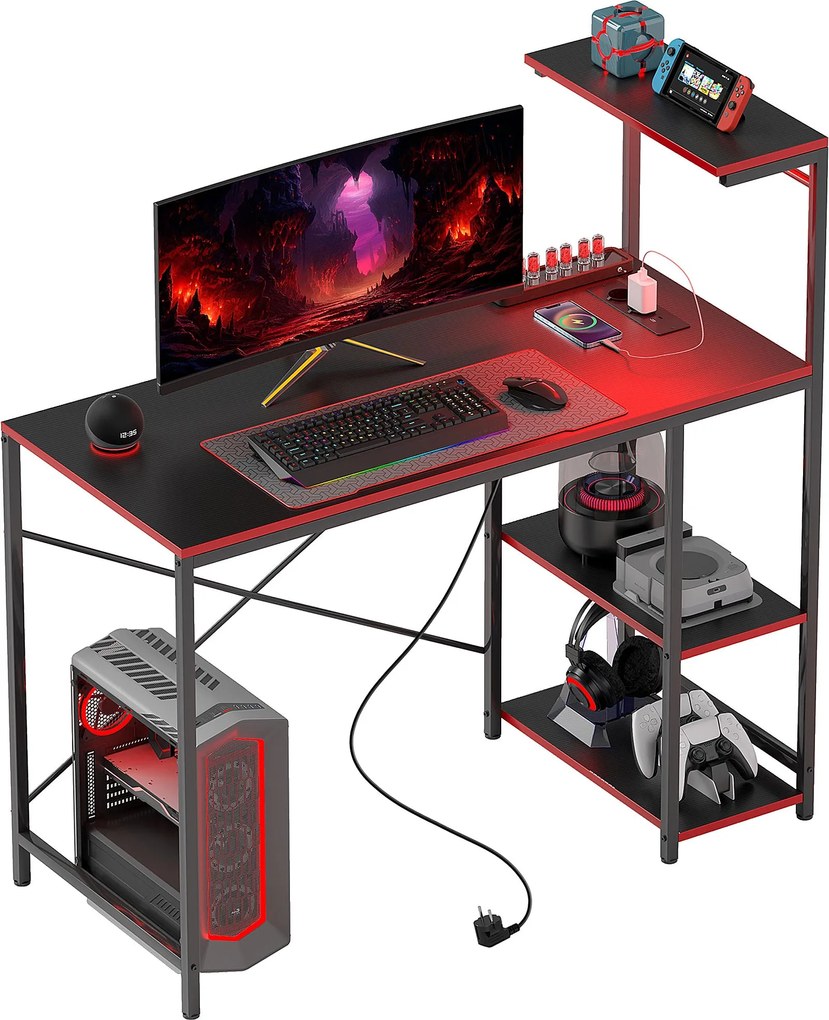 HOMCOM Gaming Asztal LED Fényszórókkal 110x50 cm Szénszálas Gaming Asztal Kimenetekkel Polcokkal és Távvezérlővel Irodához Tanulmányhoz Fekete | Aosom