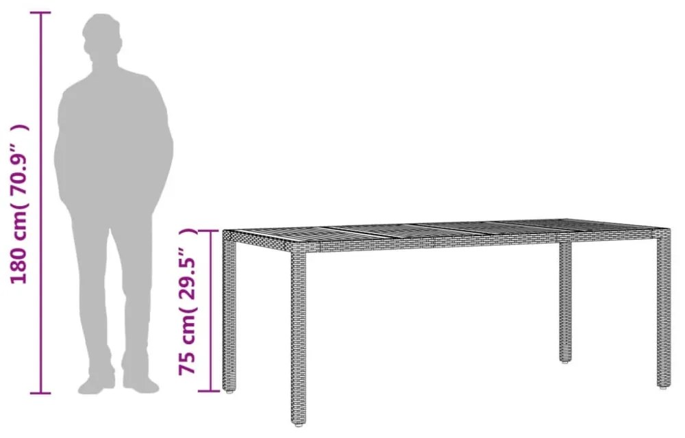 szürke polyrattan kerti asztal akácfa lappal 190 x 90 x 75 cm