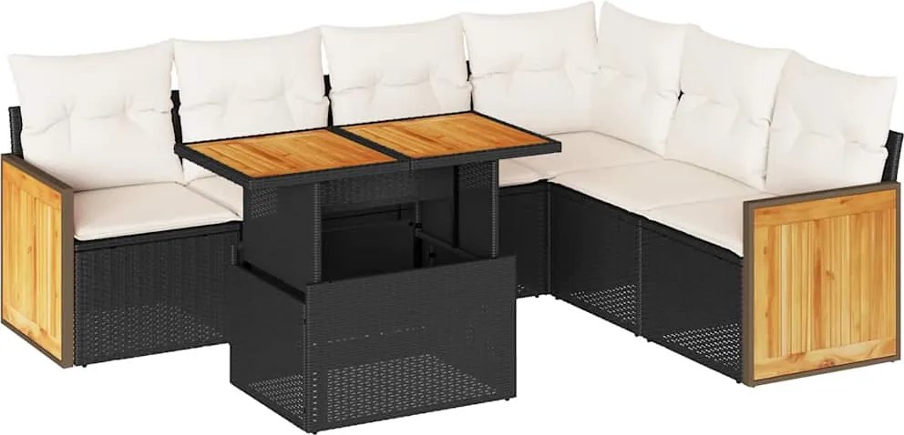 vidaXL 7 részes fekete polyrattan akácfa kerti ülőgarnitúra párnával
