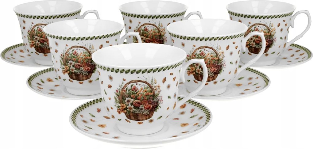 Elegáns csésze szett alátéttel, Mezei Virágok mintával, 6 darabos, 250ml, Díszdobozban