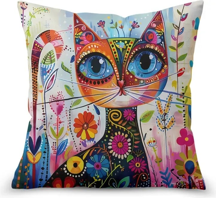 Párnahuzat 45x45 színes macska puha flanel boho eklektikus cica