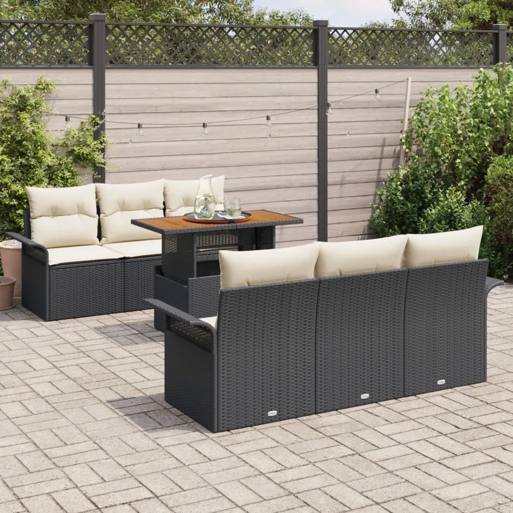 7 Darabos Kert Sofaszett Párnákkal Fekete Poli Rattan Akác