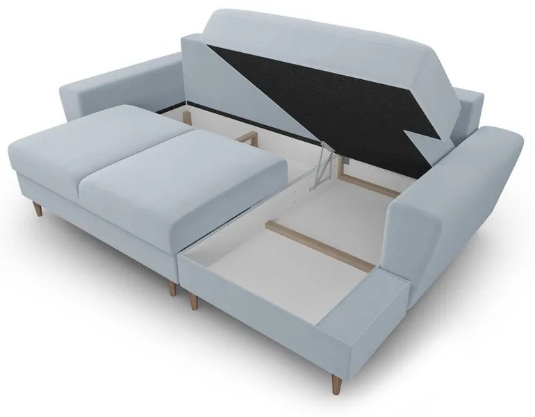 Világoskék bársony kinyitható tárolóhelyes sarokkanapé (jobb oldali-heverő résszel) Kyoto – Cosmopolitan Design