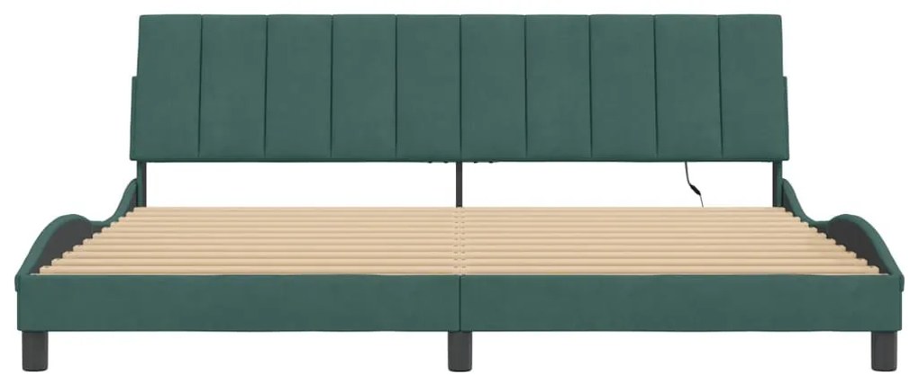 sötétzöld bársony ágykeret LED-világítással 200 x 200 cm