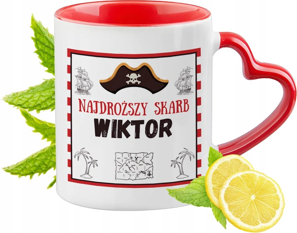 Piros bögre szív alakú füllel Viktornak Ajándék