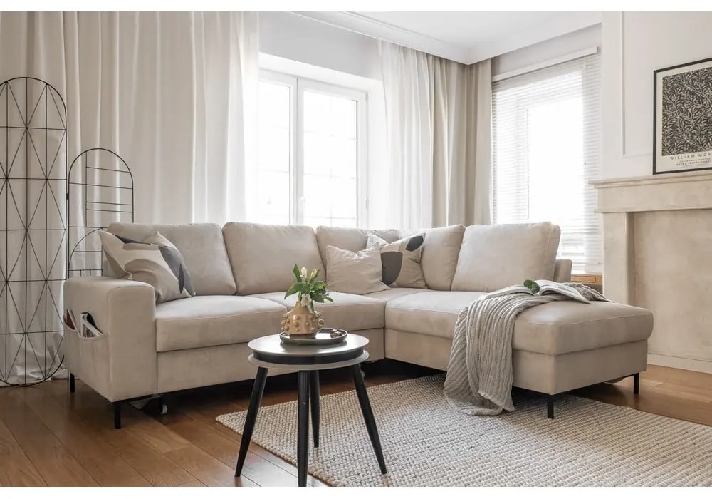 Bézs kordbársony kinyitható sarokkanapé (jobb oldali) Lofty Lilly – Miuform