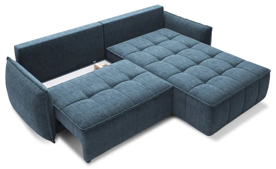 Kék bársony kinyitható-tárolóhelyes sarokkanapé (jobb oldali-heverő résszel) Campo – ELTAP