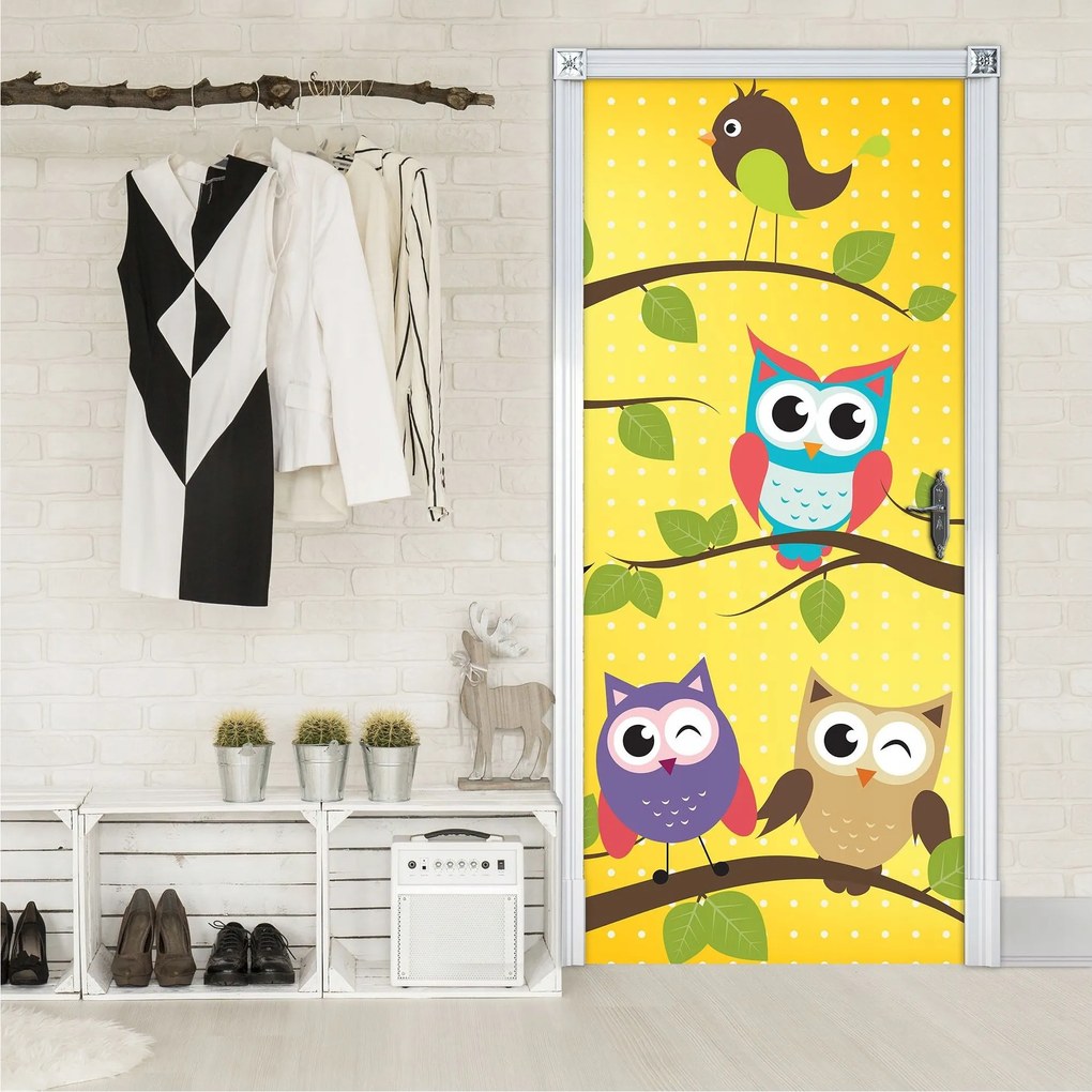 Fotótapéta Baglyok a fán a gyerekszobába színes erdő 91x211 +ragasztó