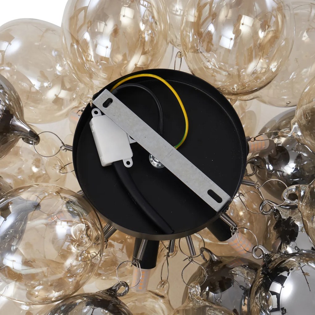 Dizájn mennyezeti lámpa fekete borostyán és füstüveg hat lámpával - Uvas