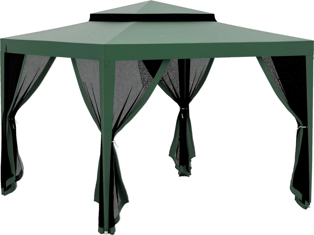 Outsunny 3x3m Kerti Pavilon Kültéri Napernyő 4 Leválasztott Szúnyoghálóval, Kétszintes Tető, Fém Váz, UV-ellenálló, Vízálló Pavilon | Aosom